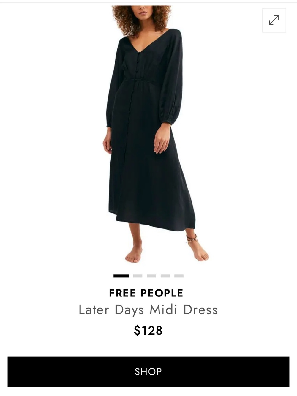 Free People Black Midi Dress with V-Neck & Button Front